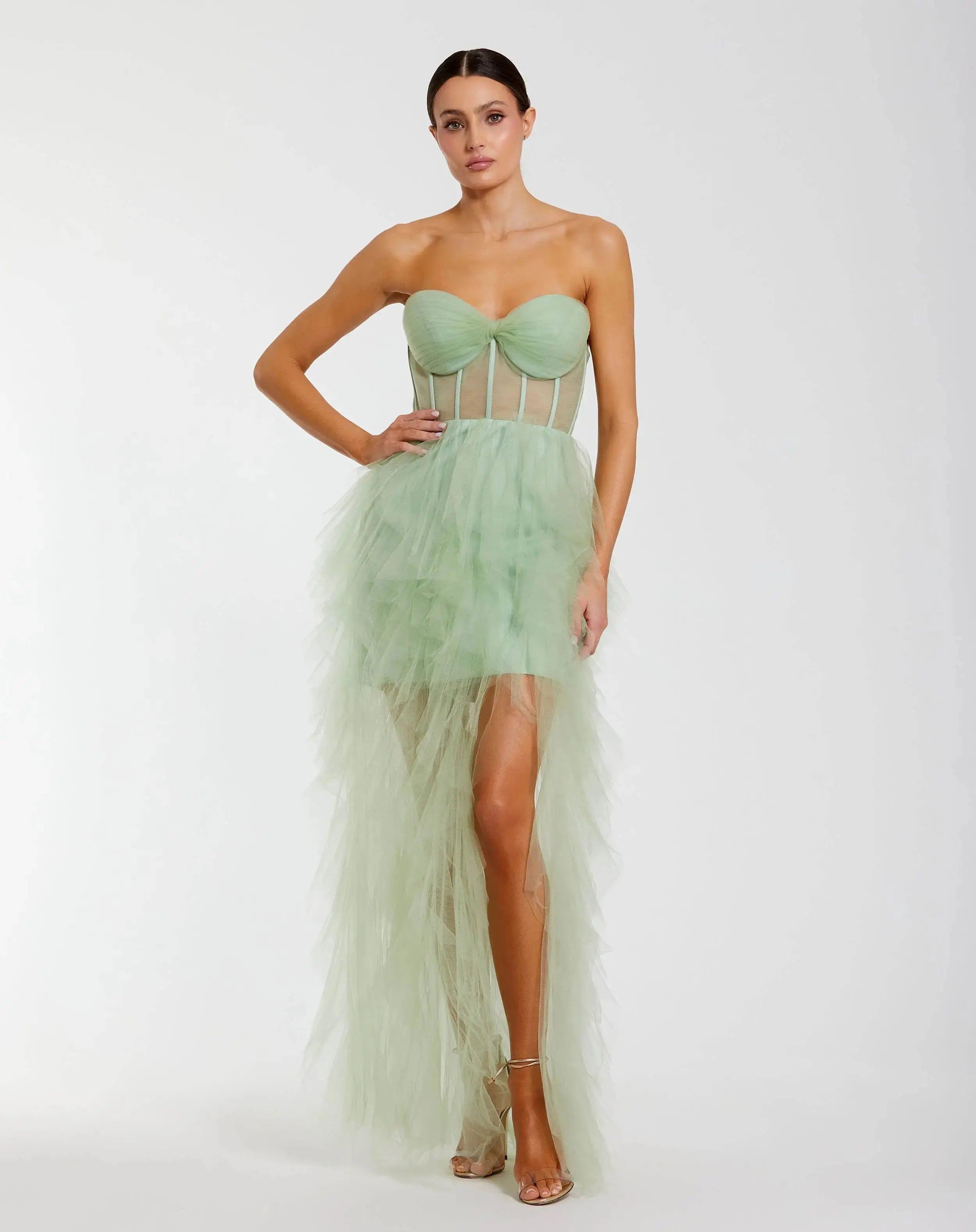 Strapless Bustier Net Gown With Spiral Ruffles