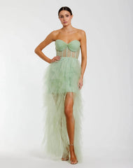 Strapless Bustier Net Gown With Spiral Ruffles