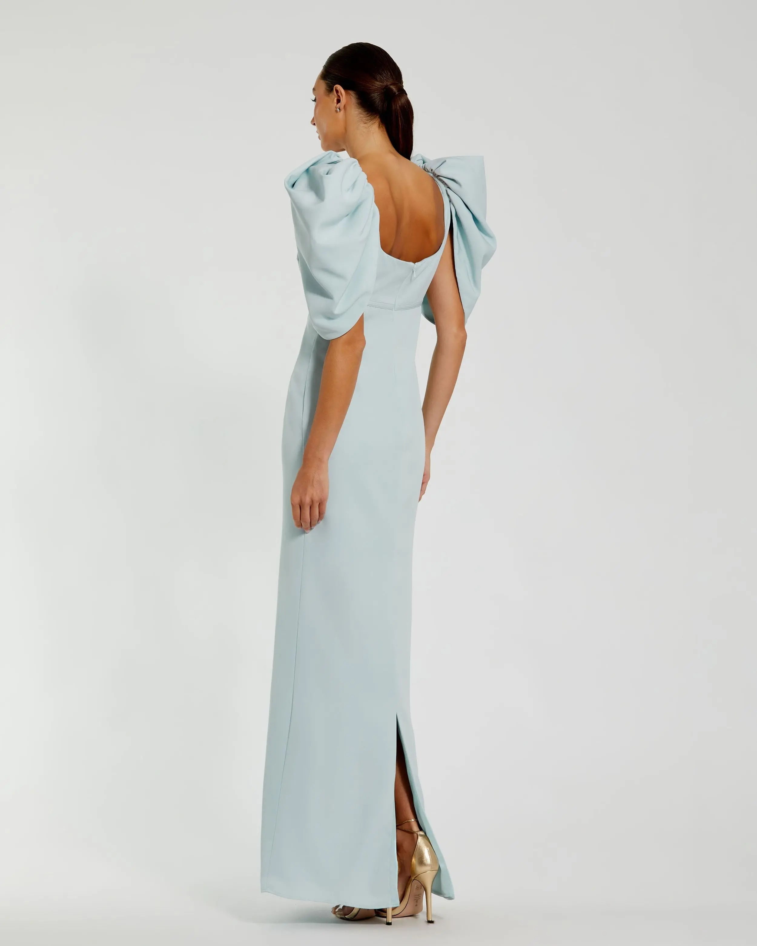 Blue Fitted Crepe Square Neck Gown With Puff Sleeves
