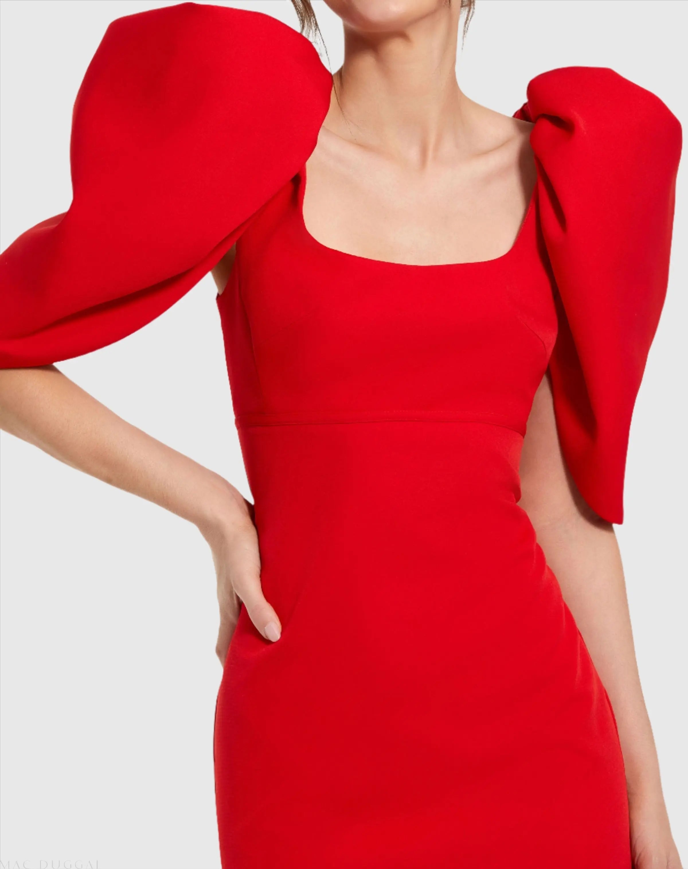 Red Fitted Crepe Square Neck Gown With Puff Sleeves