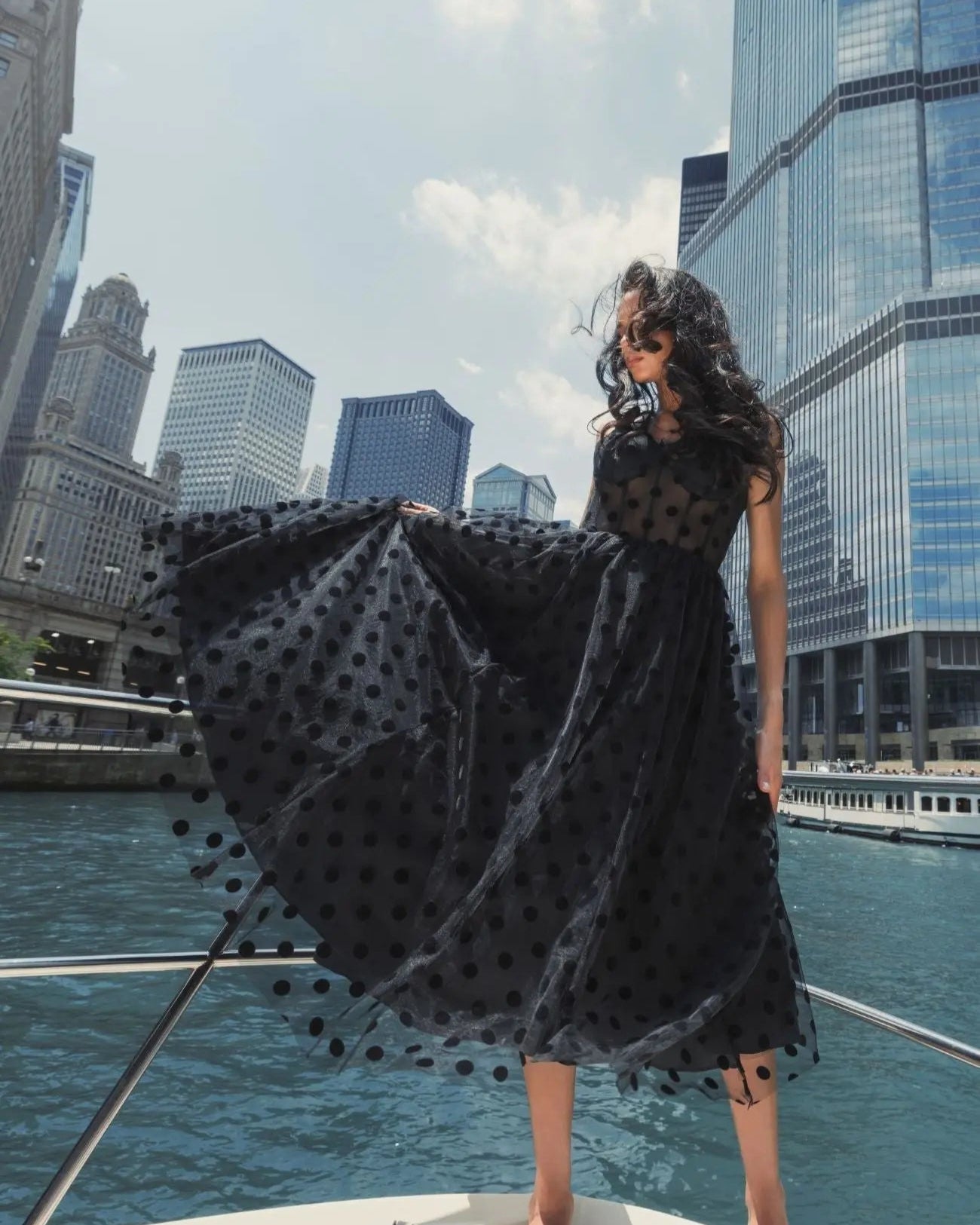 Black Polka Dot Net Bustier A-Line Midi Dress