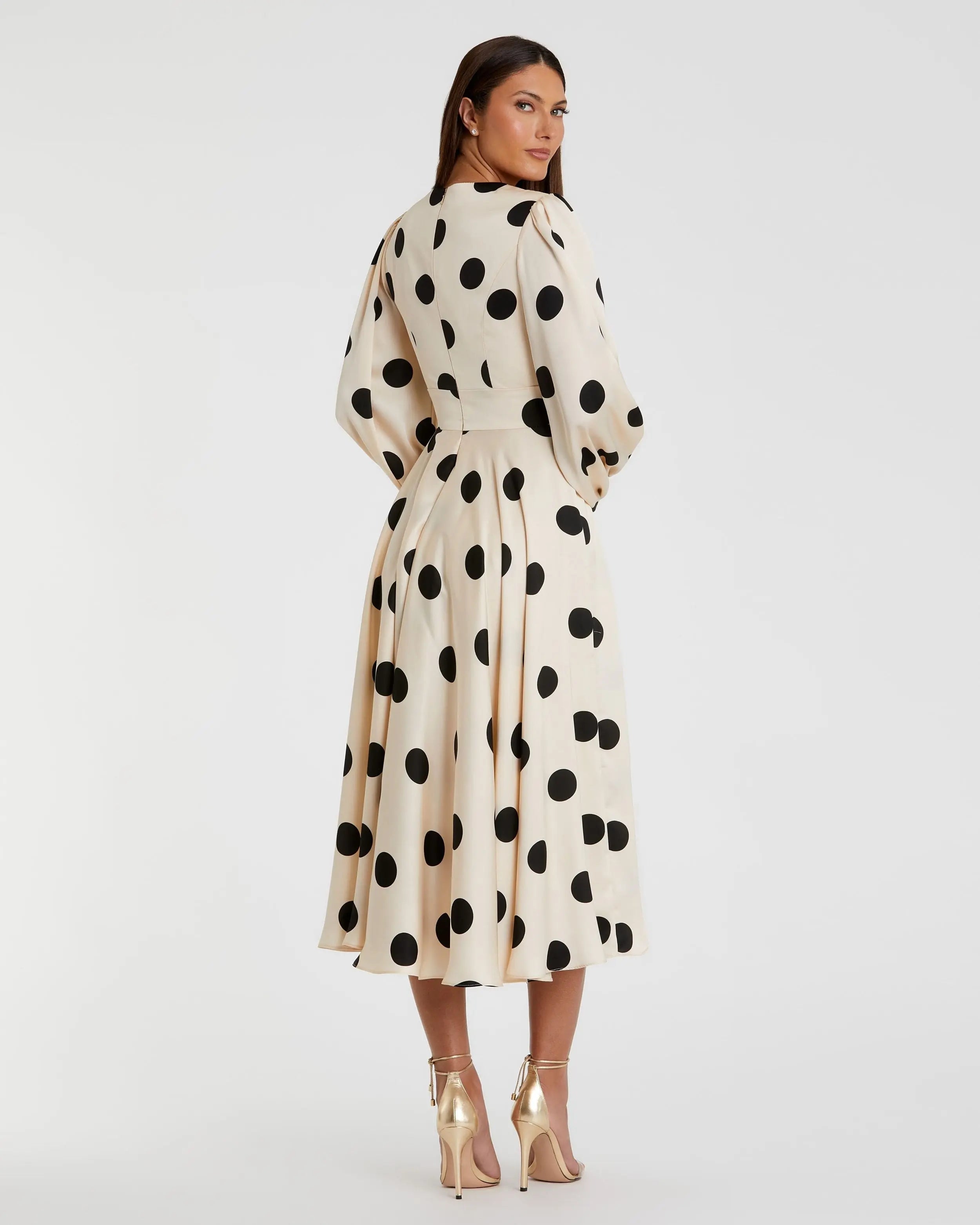 Beige Polka Dot Charmeuse Long Sleeve V Neck Midi Dress
