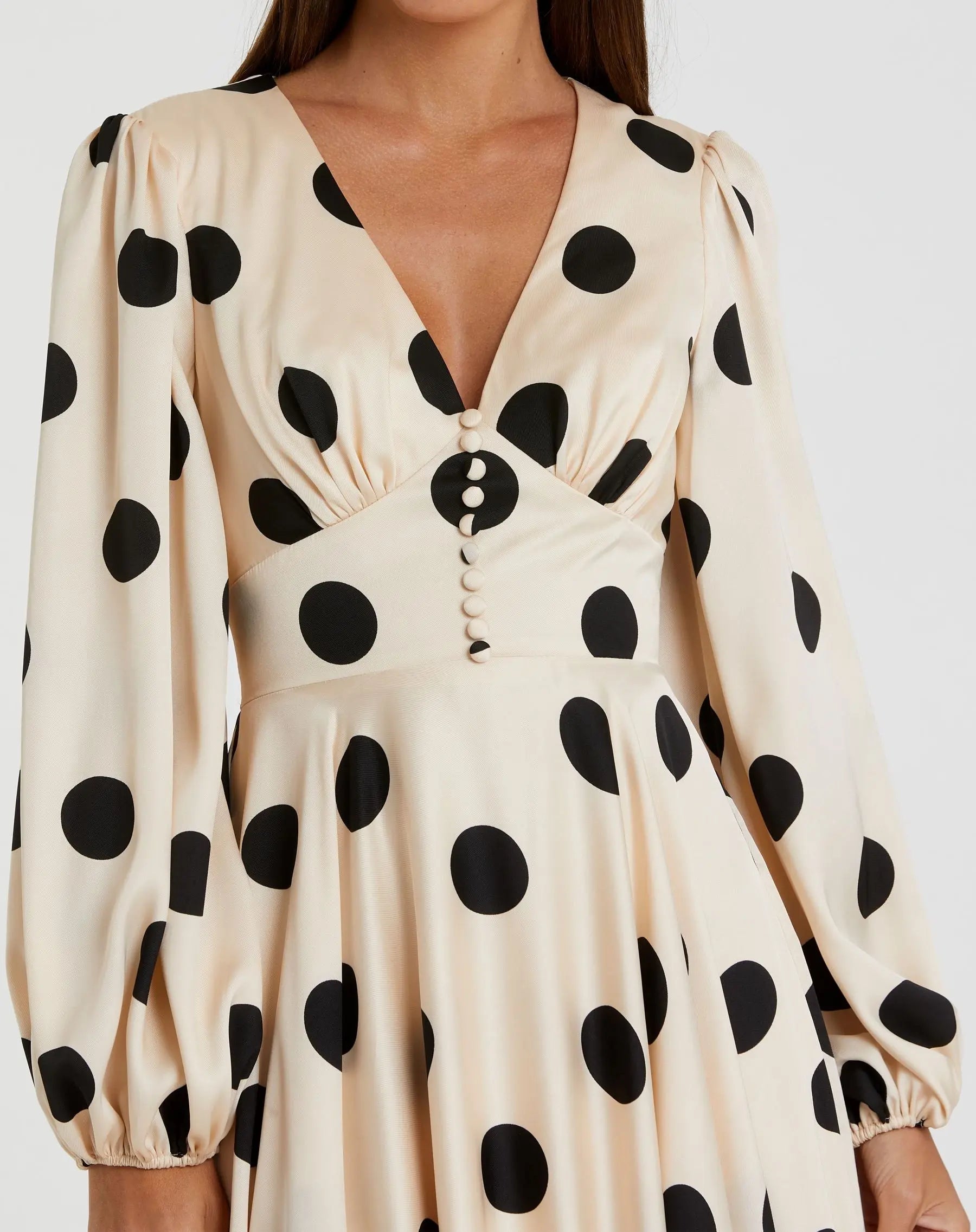Beige Polka Dot Charmeuse Long Sleeve V Neck Midi Dress