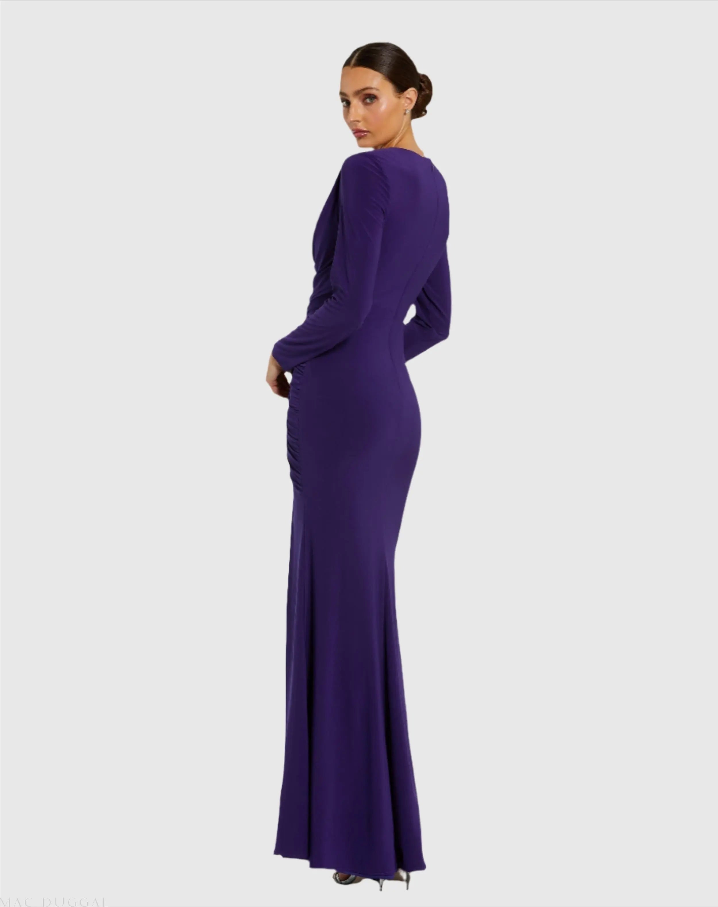 Purple Long Sleeve Cowl Neck Jersey Gown With Slit