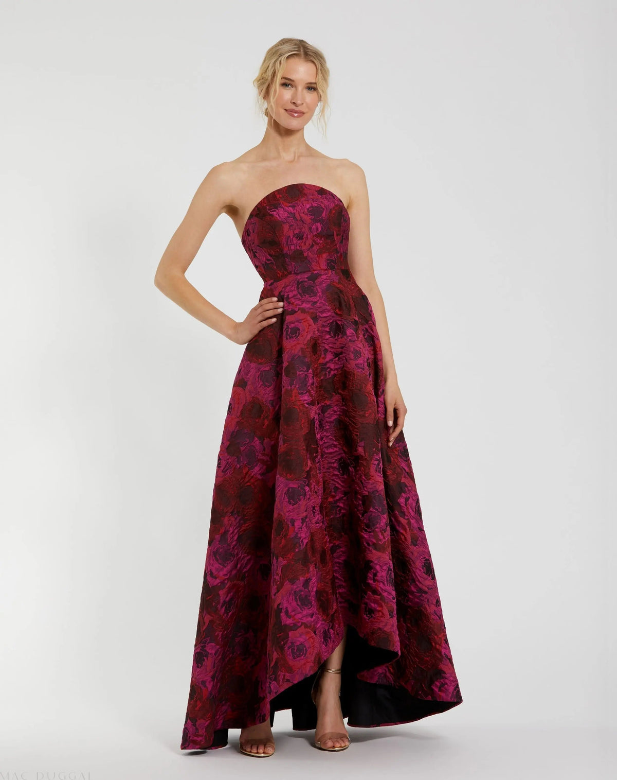 Multicolor Strapless Brocade High Low A Line Gown