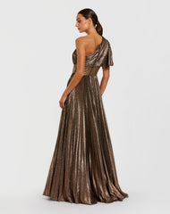 Brown One Shoulder Pleated Metallic Ball Gown
