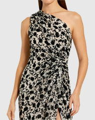 Beige One Shoulder Sequin Gown with Floral Velvet Detail