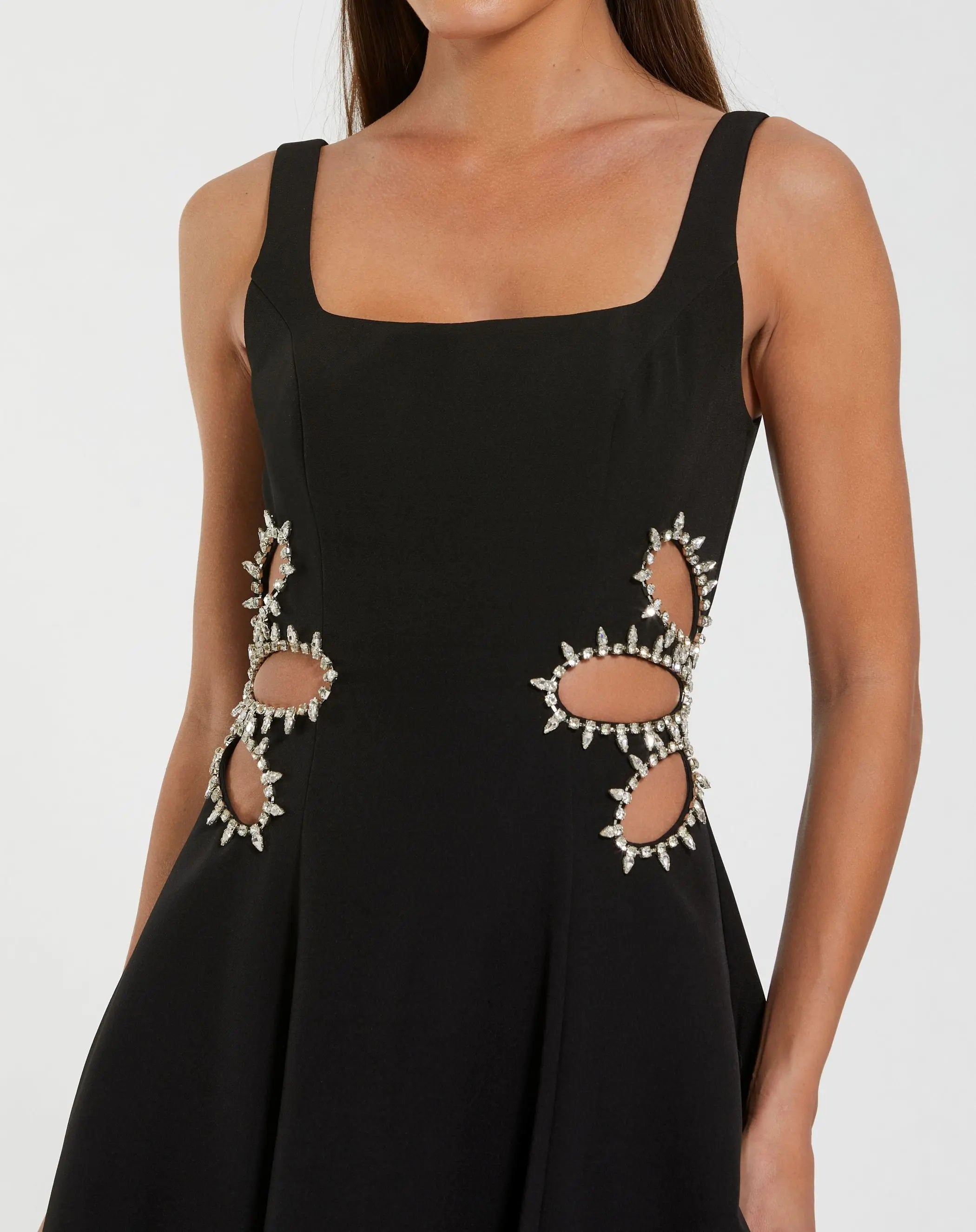 Black Sleeveless Crepe Rhinestone Cutout Midi Dress