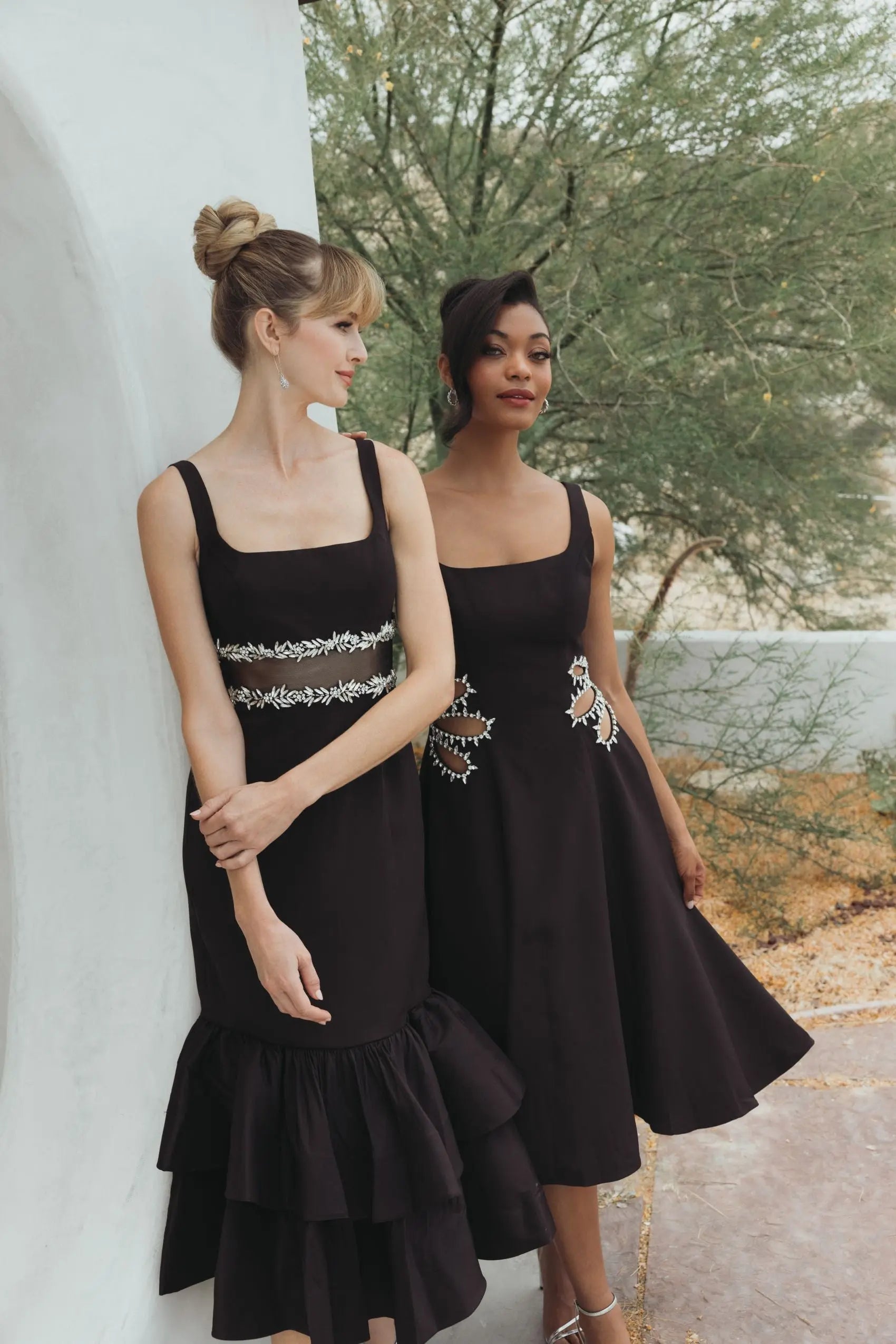 Black Sleeveless Crepe Rhinestone Cutout Midi Dress