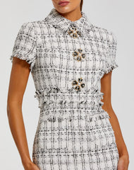 White Fitted Boucle  Short Sleeve Button Up Midi Dress