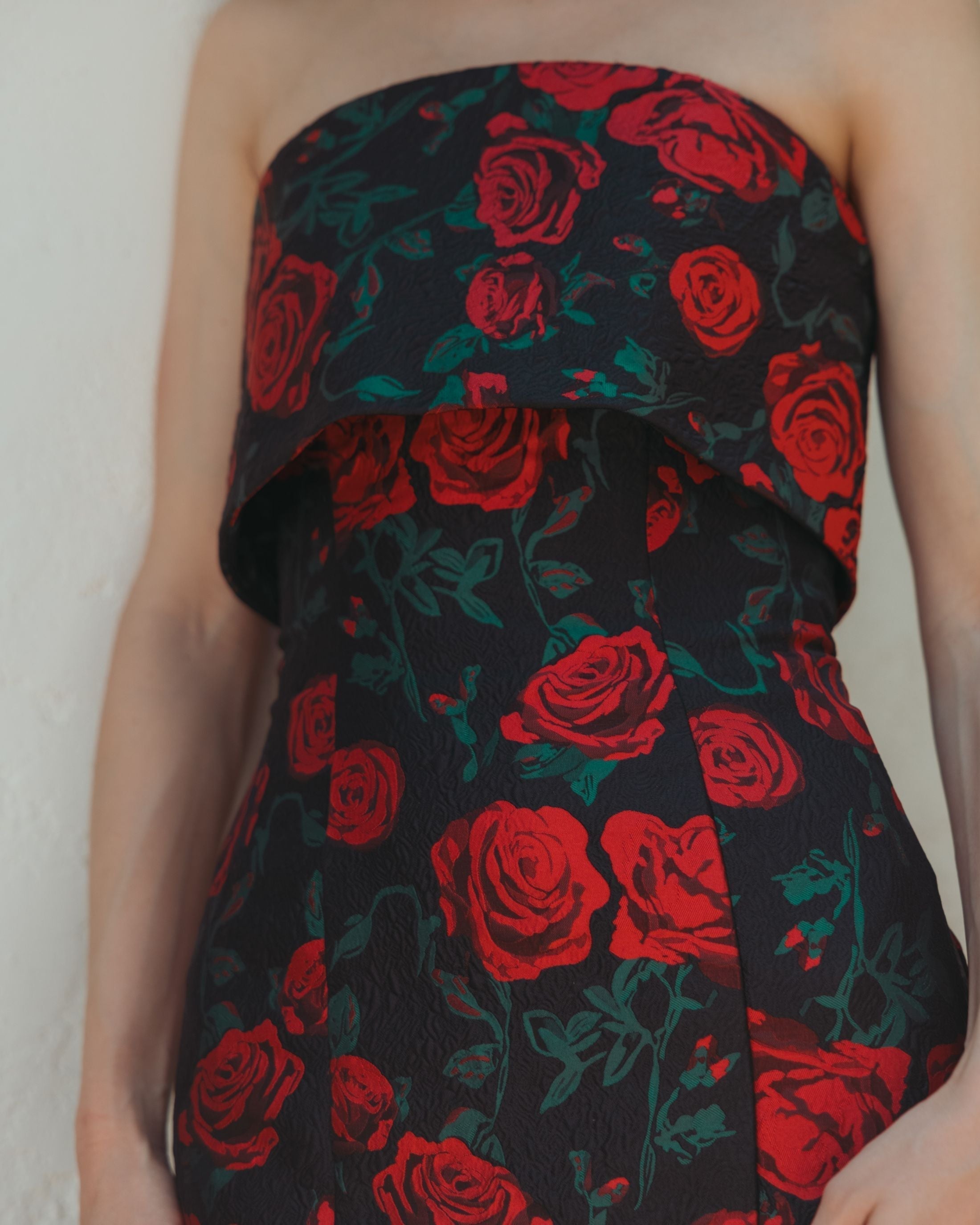 Black Strapless Floral Brocade Mermaid Gown