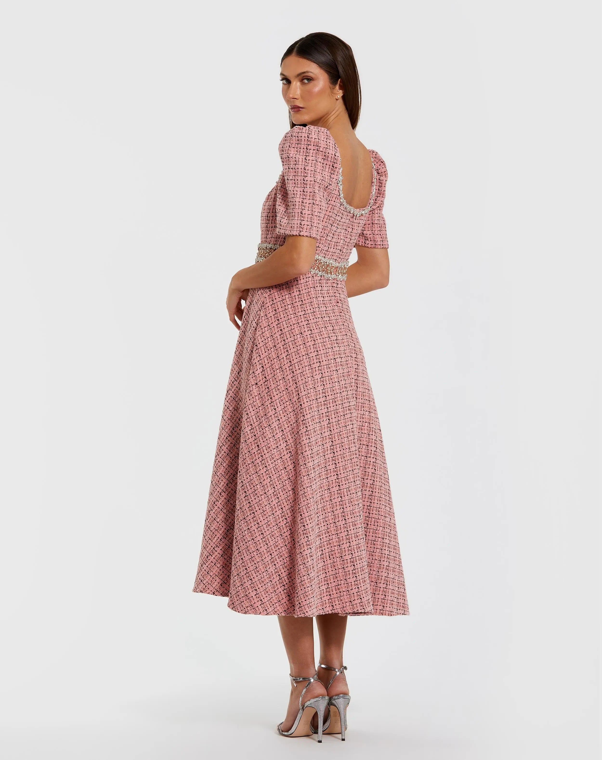 Pink Puff Sleeve Boucle Midi Dress With Beaded Belt