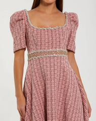 Pink Puff Sleeve Boucle Midi Dress With Beaded Belt