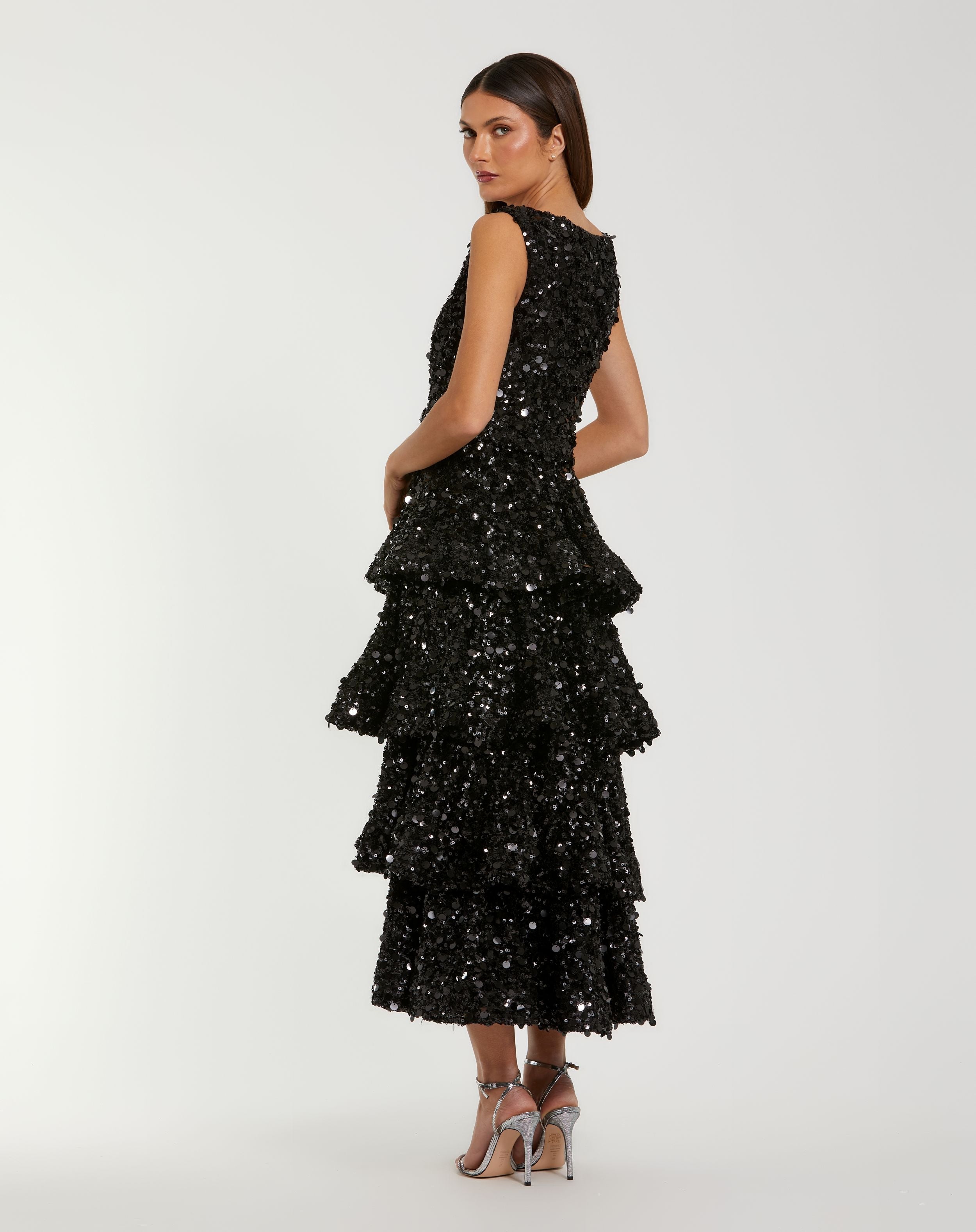Black Sleeveless Sequin Ruffle Midi Dress With Belt