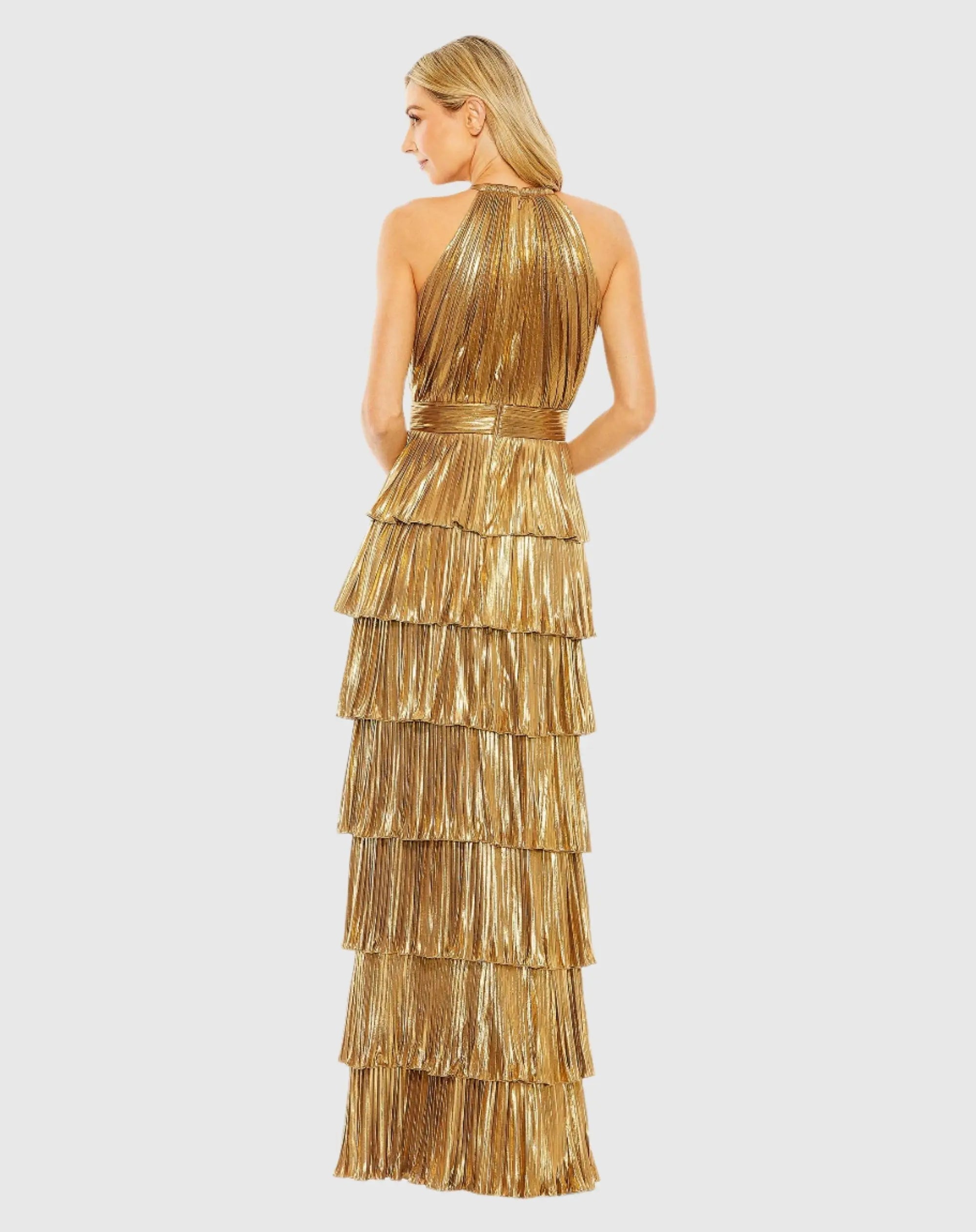 Gold High Neck Pleated Tiered Ruffle Metallic Gown