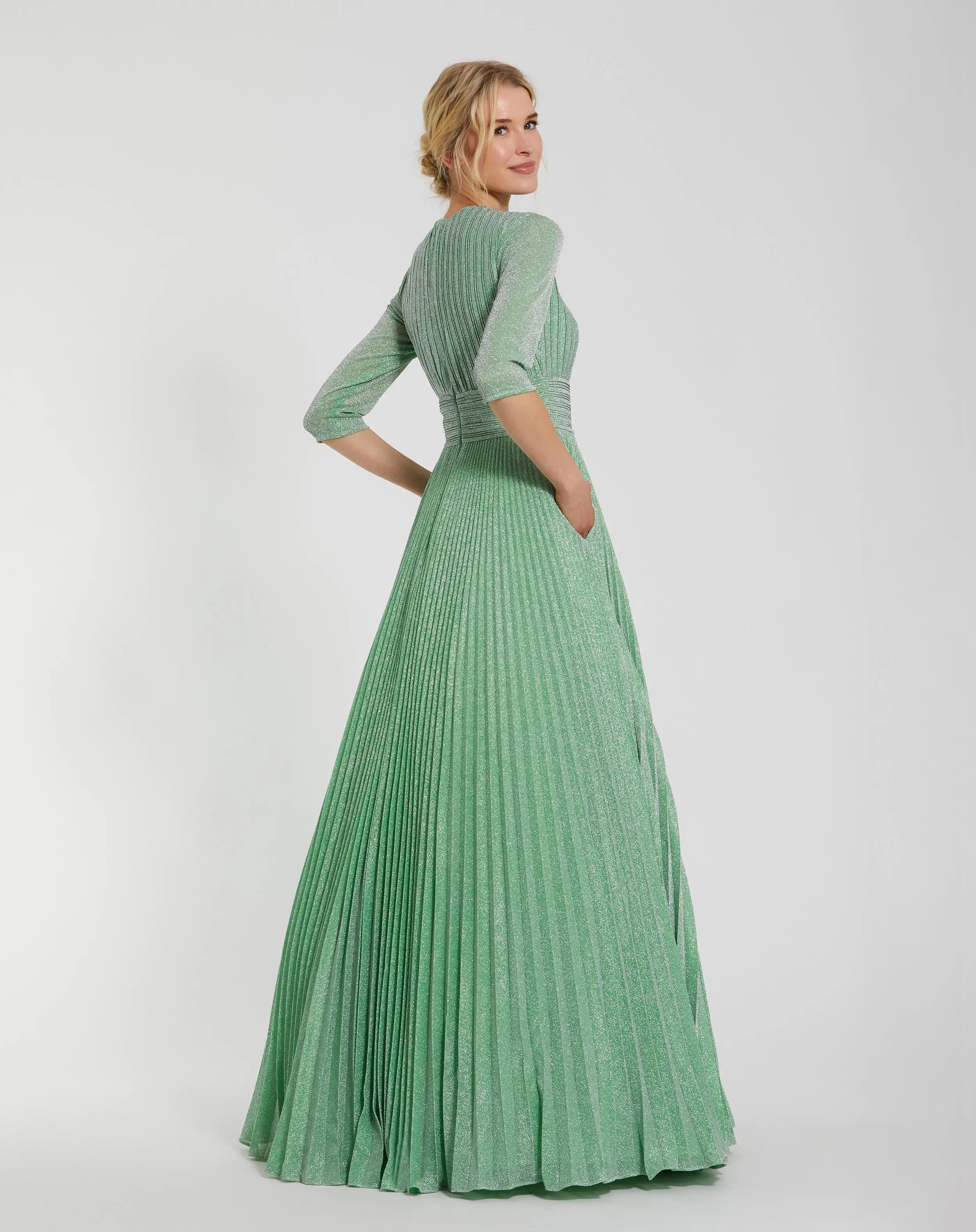Green Pleated Shimmering 3/4 Sleeve Gown