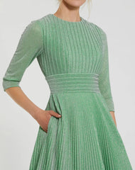 Green Pleated Shimmering 3/4 Sleeve Gown