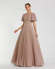 Pink Pleated Shimmering Flutter Sleeve Gown