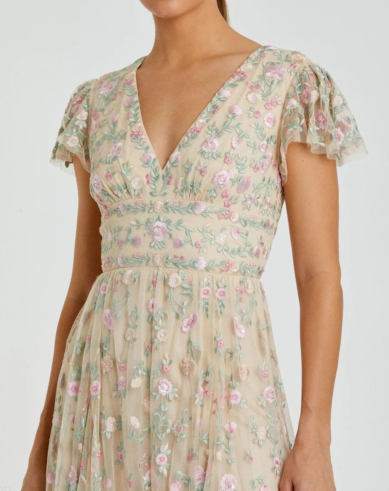 Beige Multicolor Embroidered V Neck Cap Sleeve Midi Dress