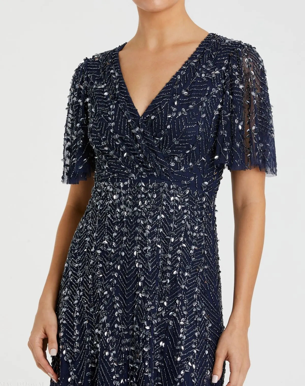 Navy Beaded Wrap Over Butterfly Sleeve Dress