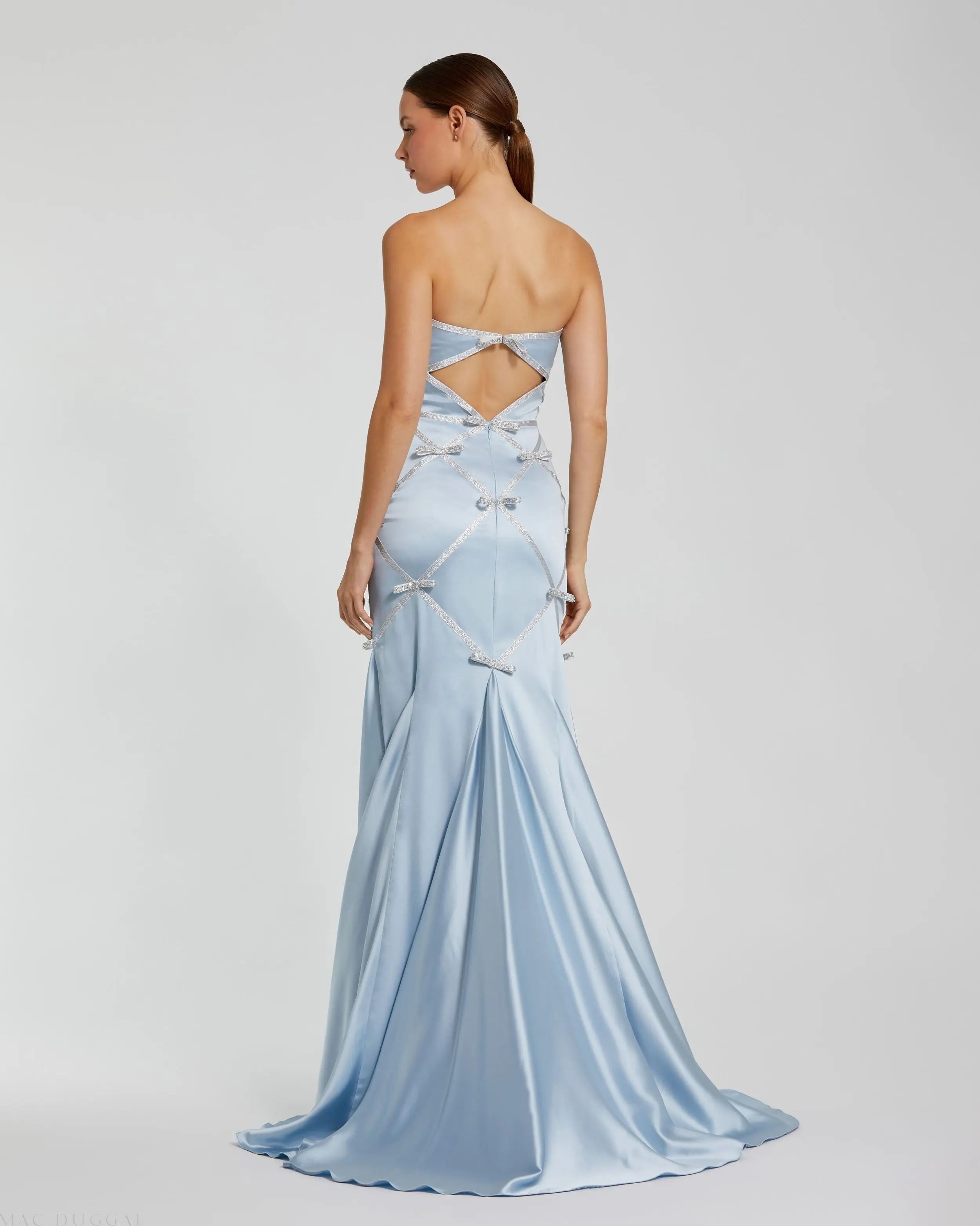 Blue Strapless Satin Trumpet Dress With Bow Details
