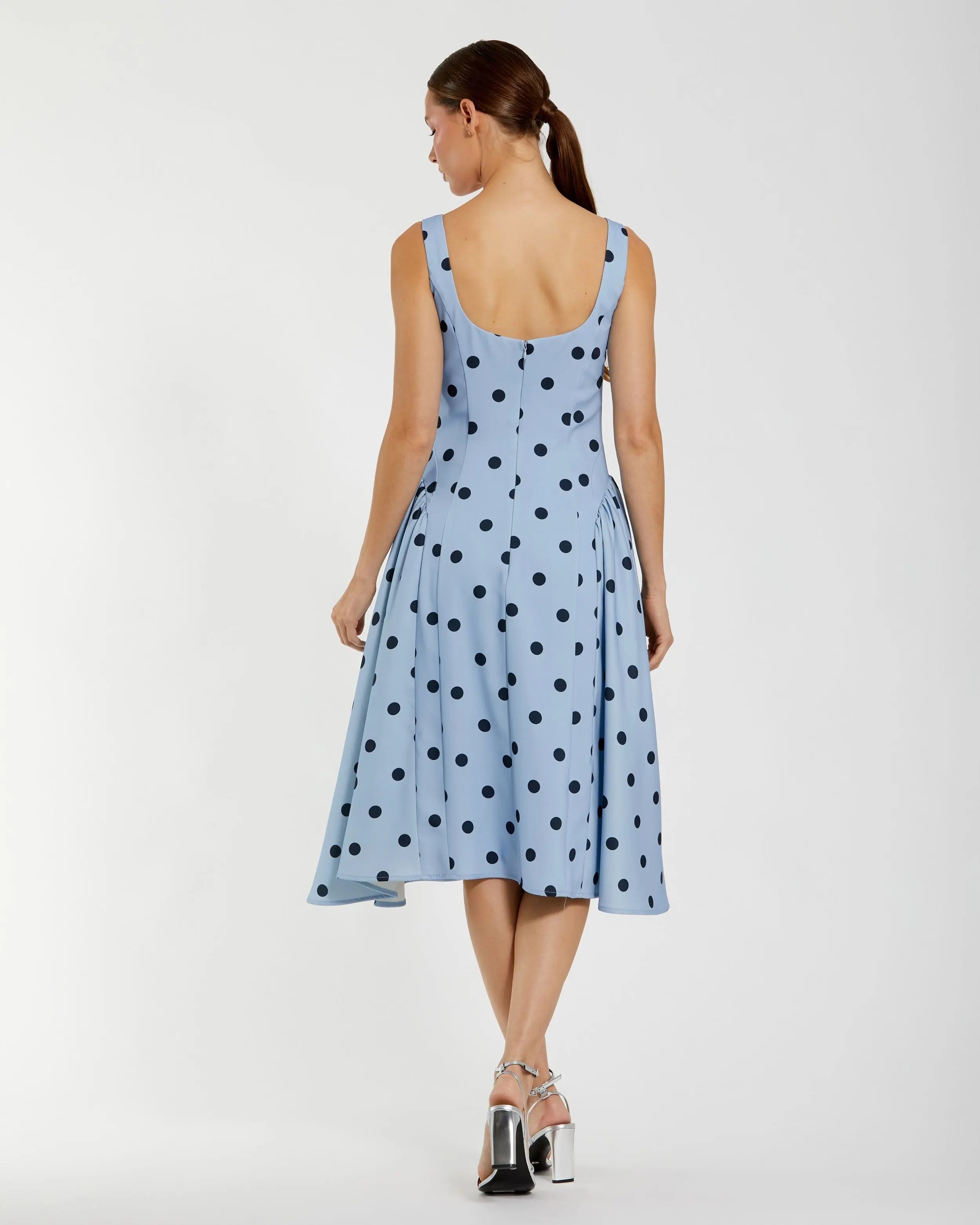 Blue Square Neck Crepe Polka Dot Fit and Flare Midi Dress