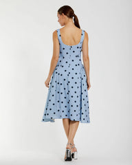 Blue Square Neck Crepe Polka Dot Fit and Flare Midi Dress