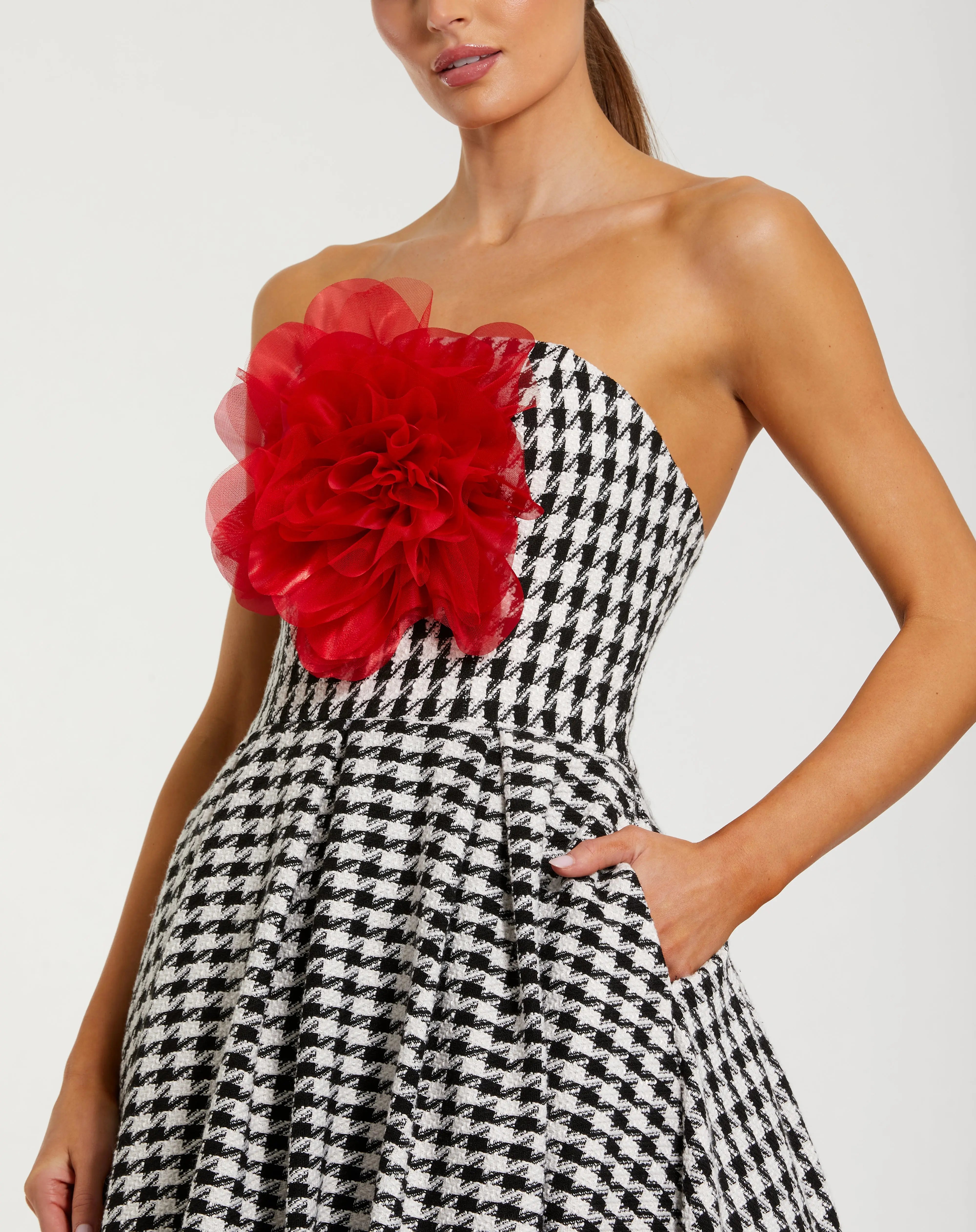 Black and White Strapless Boucle A Line Midi Dress With 3D Flower