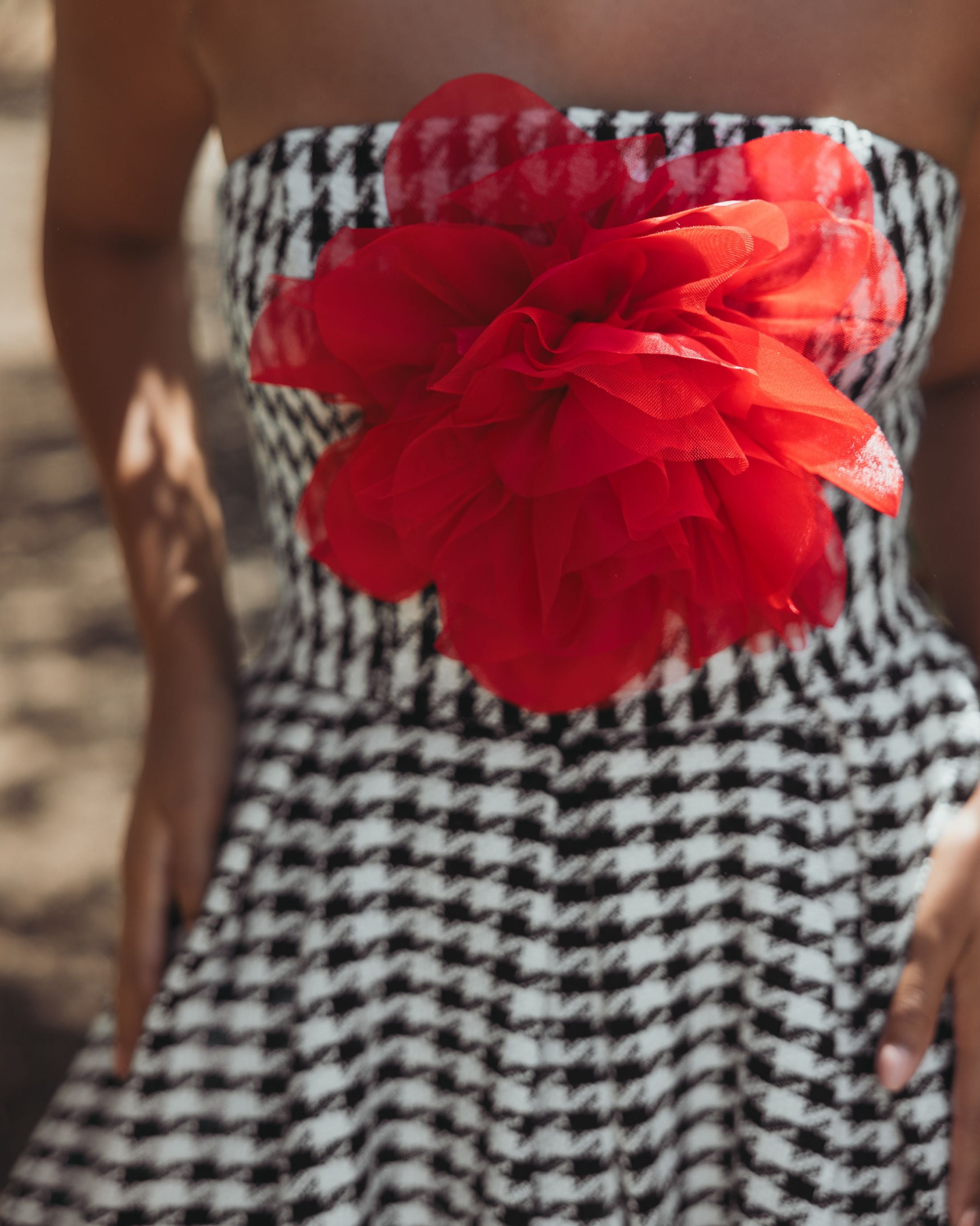 Black and White Strapless Boucle A Line Midi Dress With 3D Flower