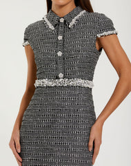 Black Embellished Cap Sleeve Boucle Midi Dress