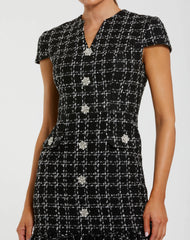 Black Cap Sleeve Boucle A Line Midi Dress