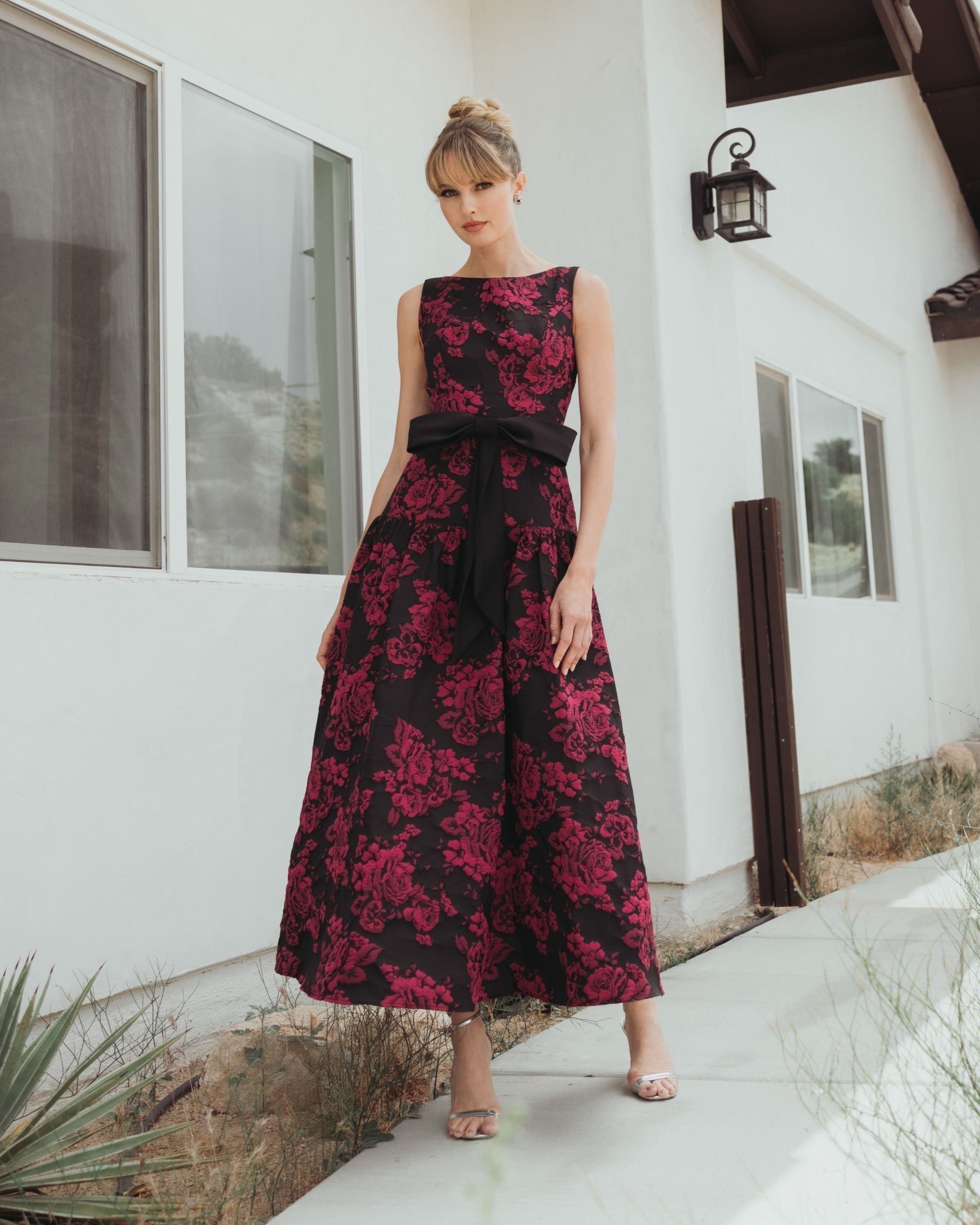Black Brocade Drop Waist Midi Dress With Satin Bow