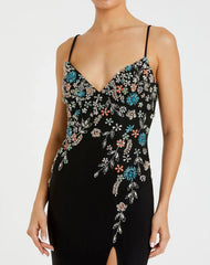 Black Multi Color Beaded Floral Cami Gown