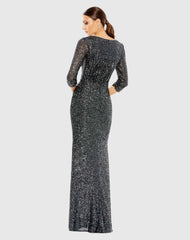 Gray Sequined Draped 3/4 Sleeve Gown