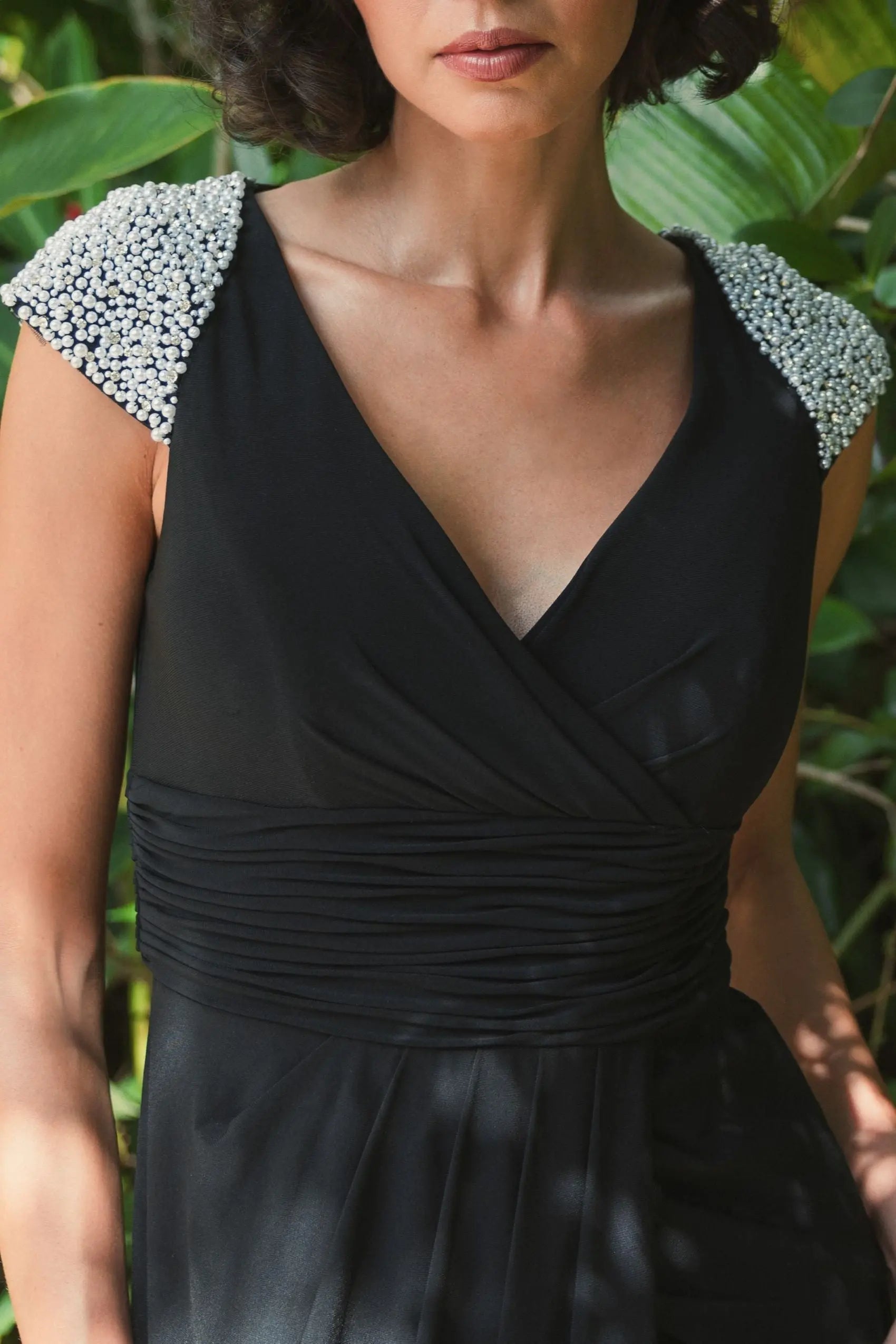 Black V Neck Embellished Cap Sleeve Faux Wrap Slit Gown