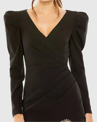 Black Faux Wrap Beaded Fringe Hem Mini Dress