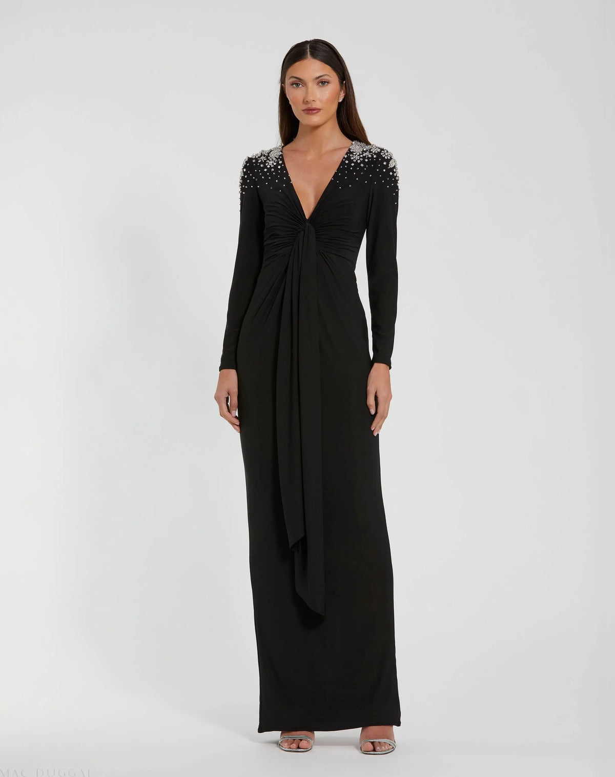 Black Jersey V Neck Faux Knot Gown With Beaded Shoulders