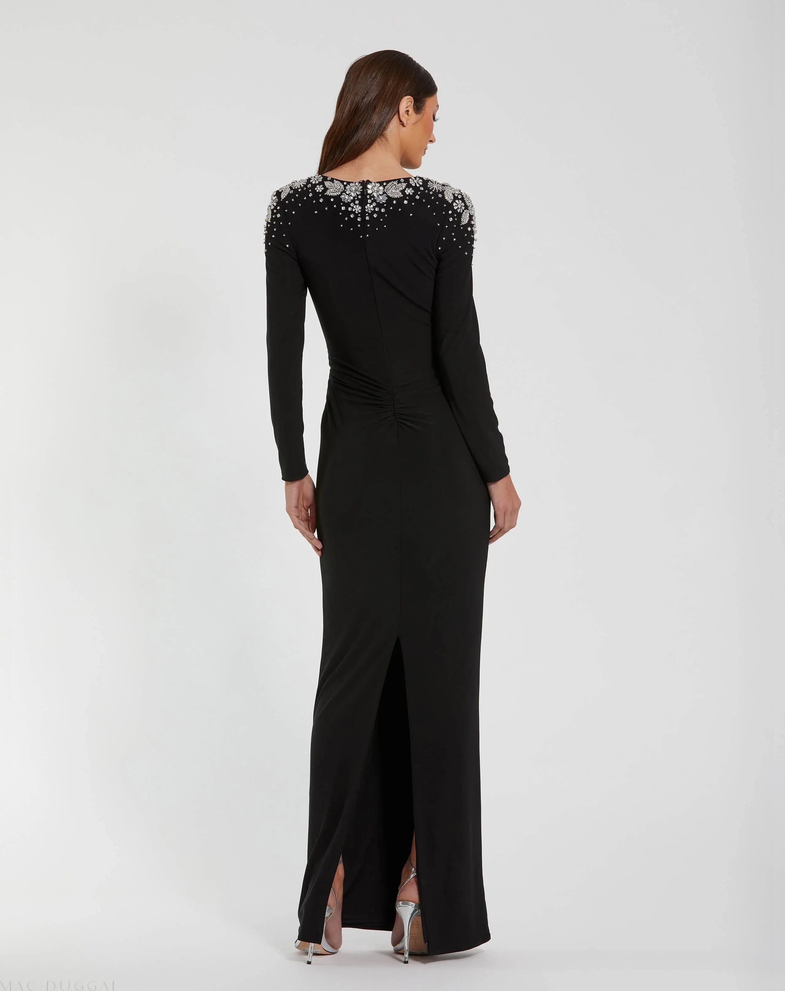 Black Jersey V Neck Faux Knot Gown With Beaded Shoulders