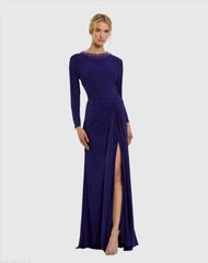 Purple Long Sleeve Jersey Ruched Gown With Beaded Neck
