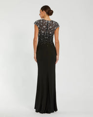 Black Crystal Embellished Jersey Fitted Cap Sleeve Gown