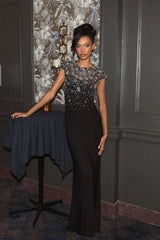 Black Crystal Embellished Jersey Fitted Cap Sleeve Gown