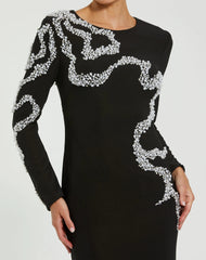 Black Jersey Evening Gown with Beaded Swirl Detail