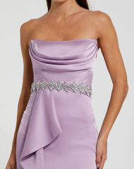 Purple Strapless Satin Gown With Embellished Belt Detail