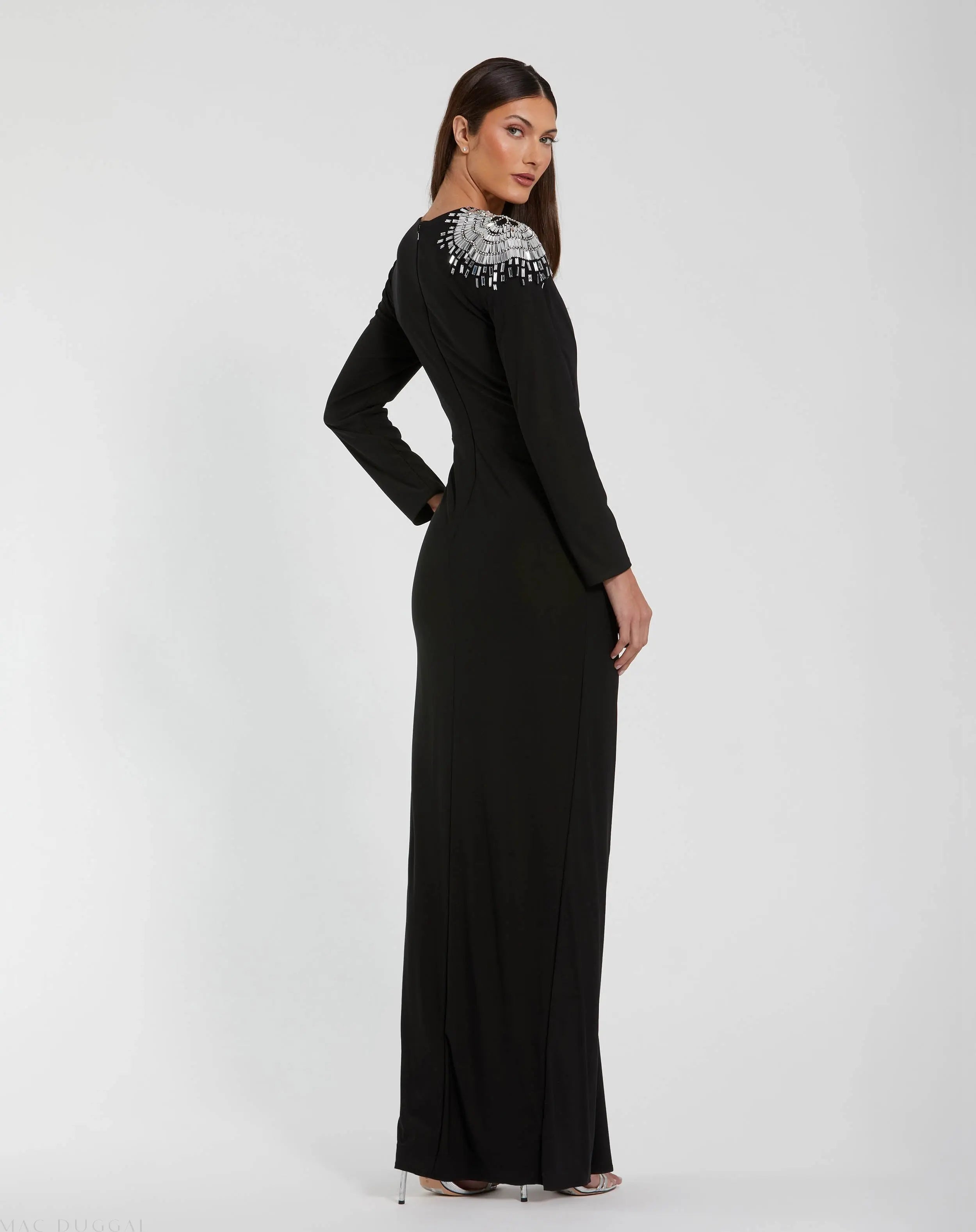 Black Jersey Long Sleeve Wrap Gown With Beaded Shoulder