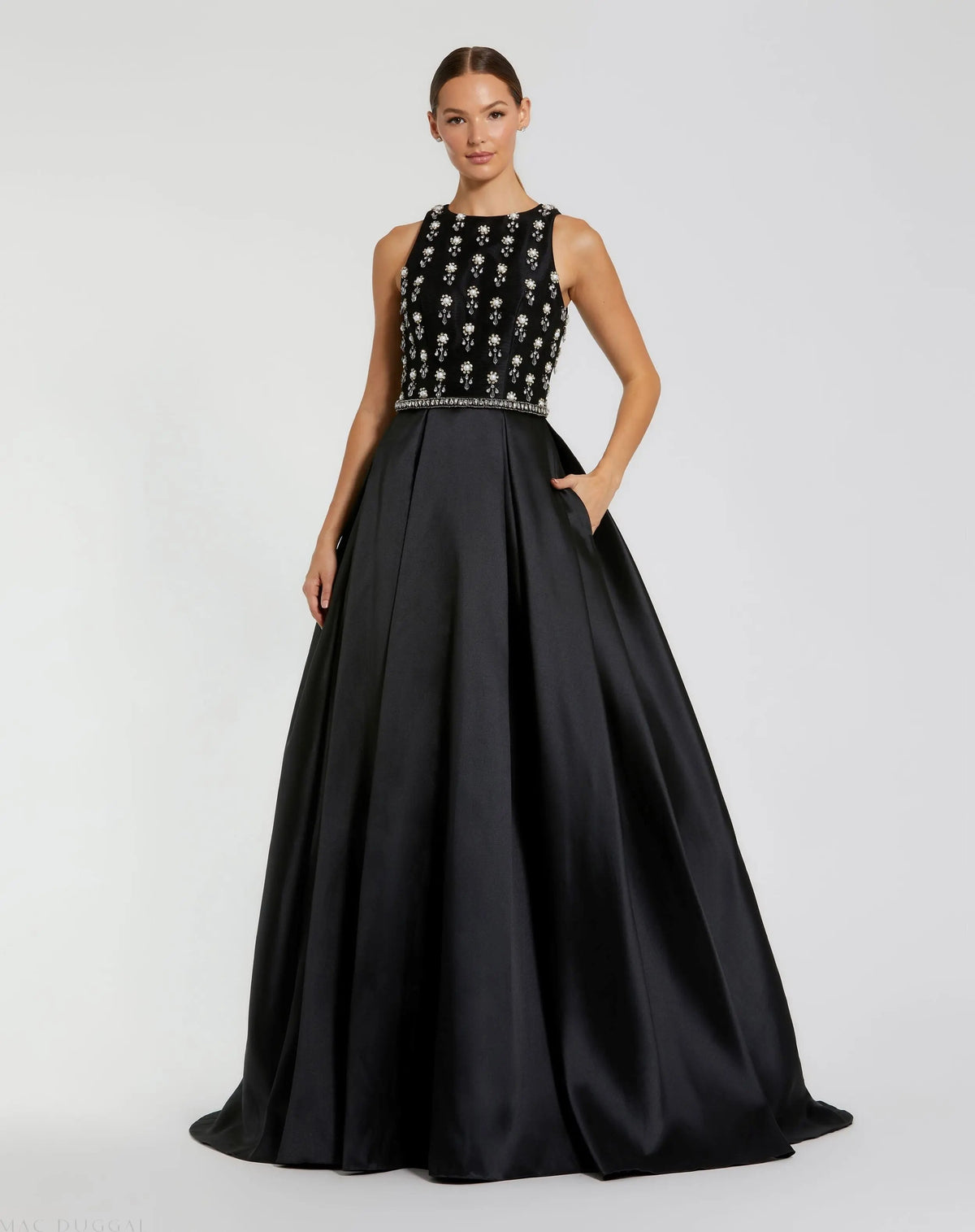 Black High Neck Sleeveless Beaded Ball Gown
