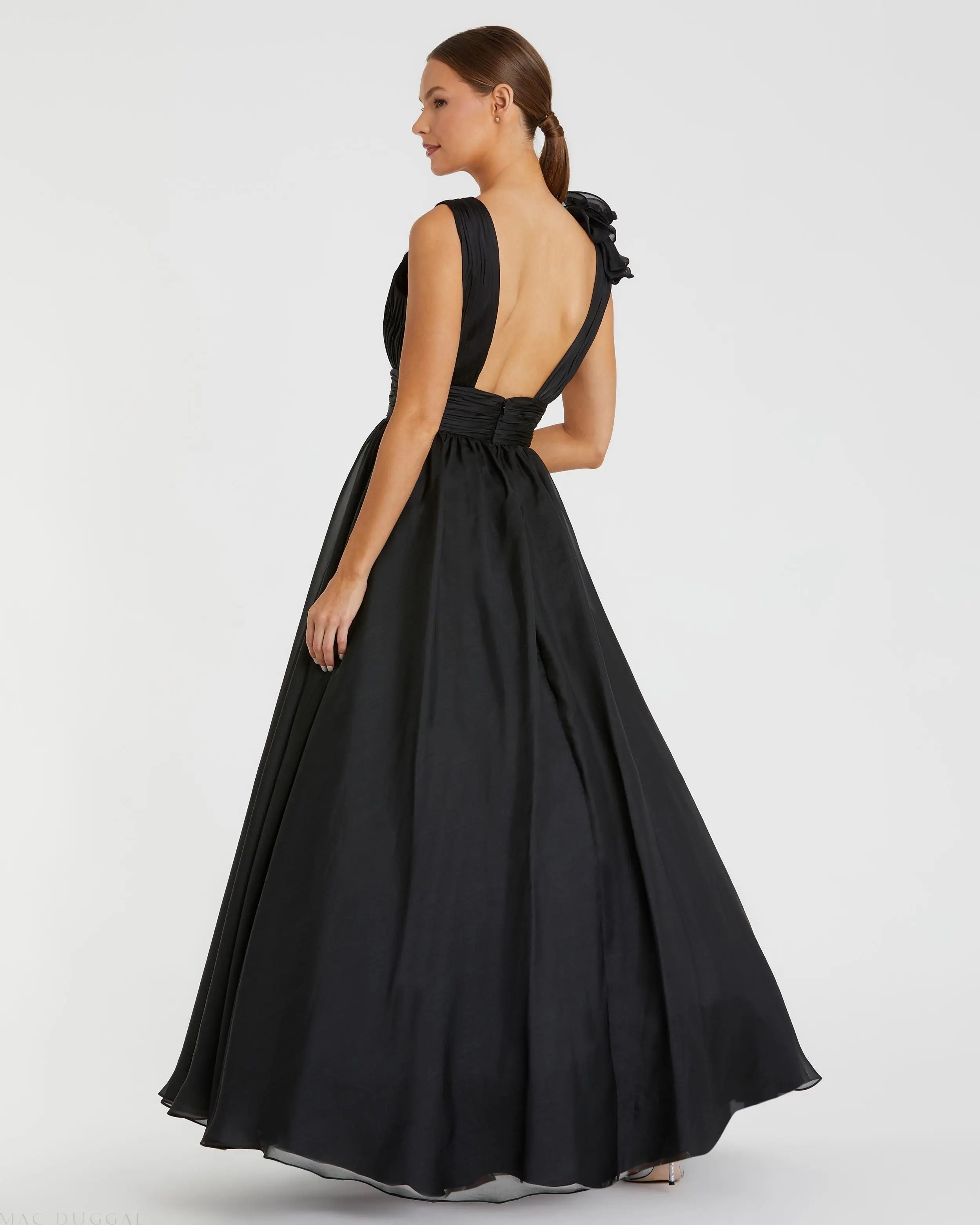 Black Ruffle Shoulder V-Neck Chiffon Gown
