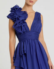 Dark Blue Ruffle Shoulder V-Neck Chiffon Gown