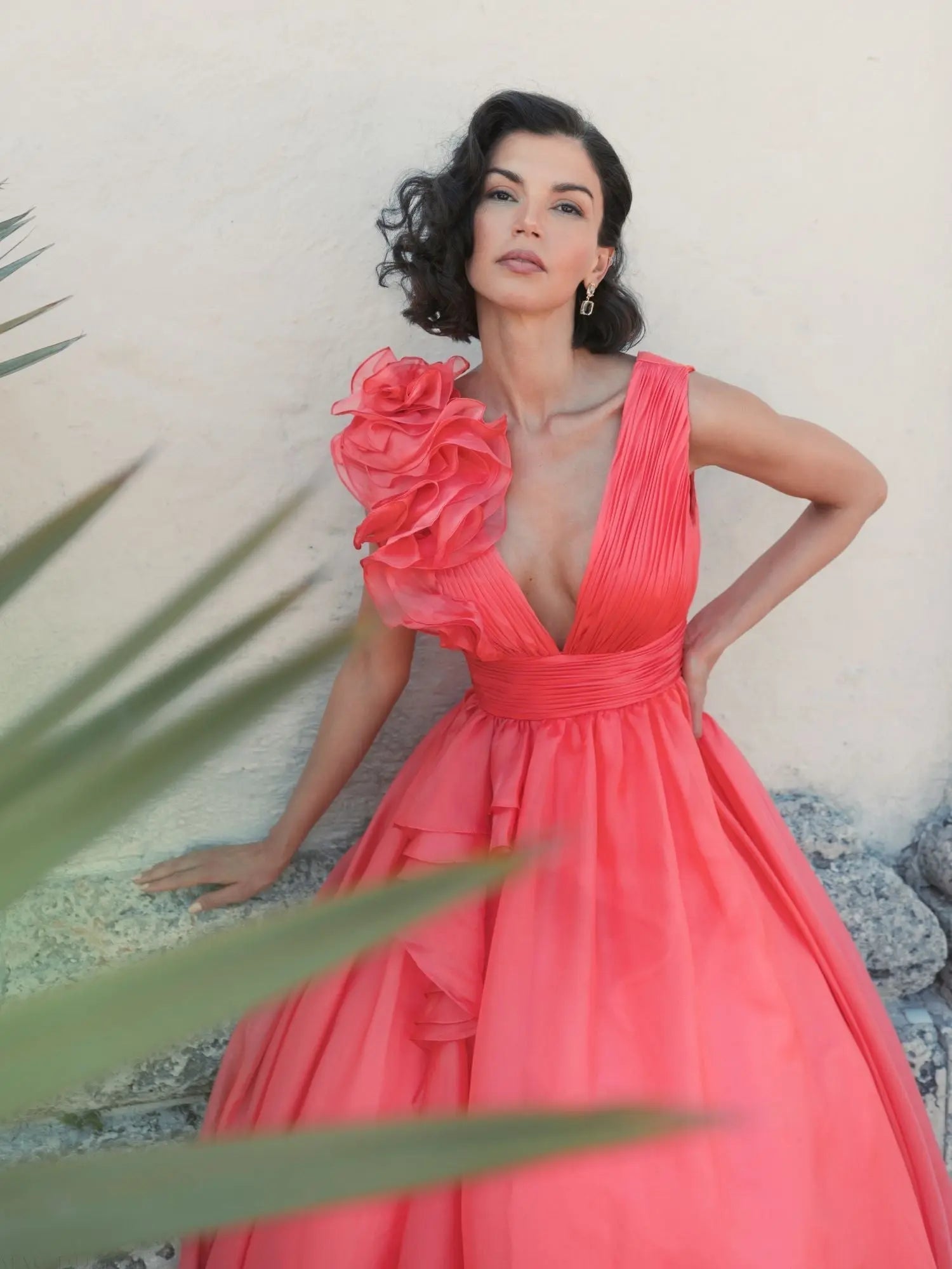 Coral Ruffle Shoulder V-Neck Chiffon Gown