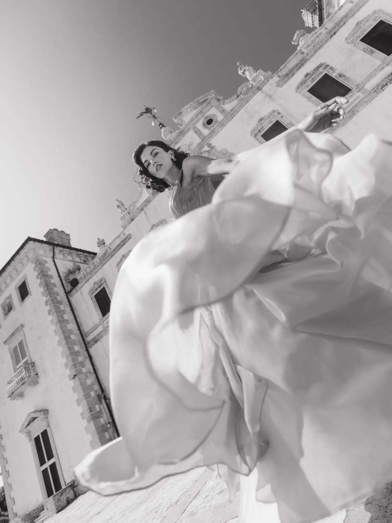 Coral Ruffle Shoulder V-Neck Chiffon Gown