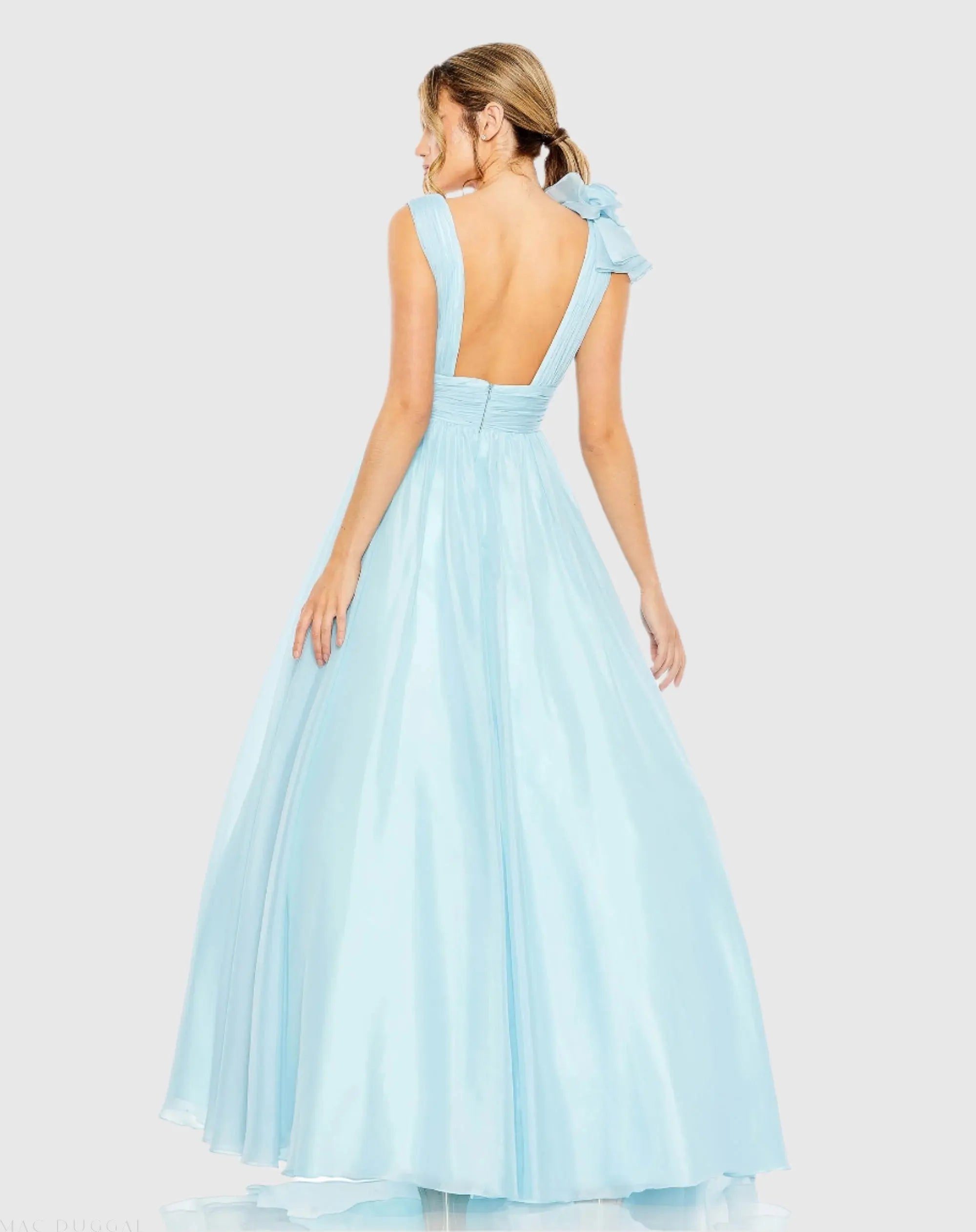 Light Blue Ruffle Shoulder V-Neck Chiffon Gown